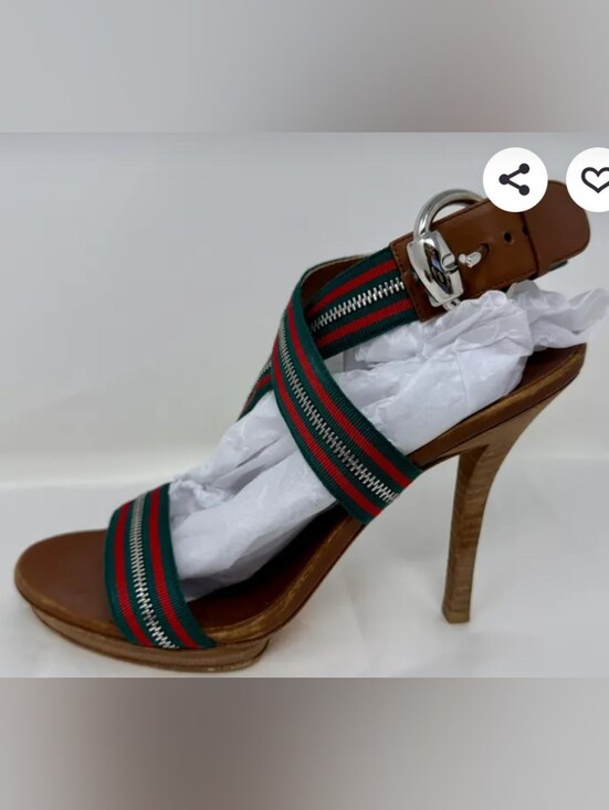Gucci Shoes - GUCCI RARE! Web Stripe Stilleto Heels Brown Leather Zipper Strap Detail - Women